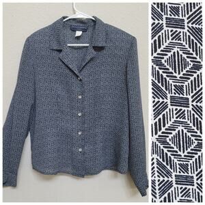 Norton McNaughton Vintage Blouse Women's 12P Navy Blue Geometric Long Sleeve 90s